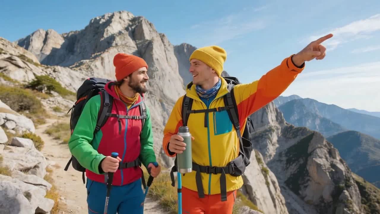 Due uomini fanno escursioni e indicano in scenografiche montagne