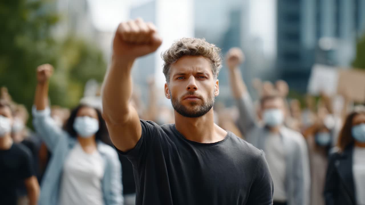 Empowered Protestor Raises Fist in Unity: A Stand for Social Change, Solidarity, and Justice in the Heart of a Diverse Demonstration for Human Rights