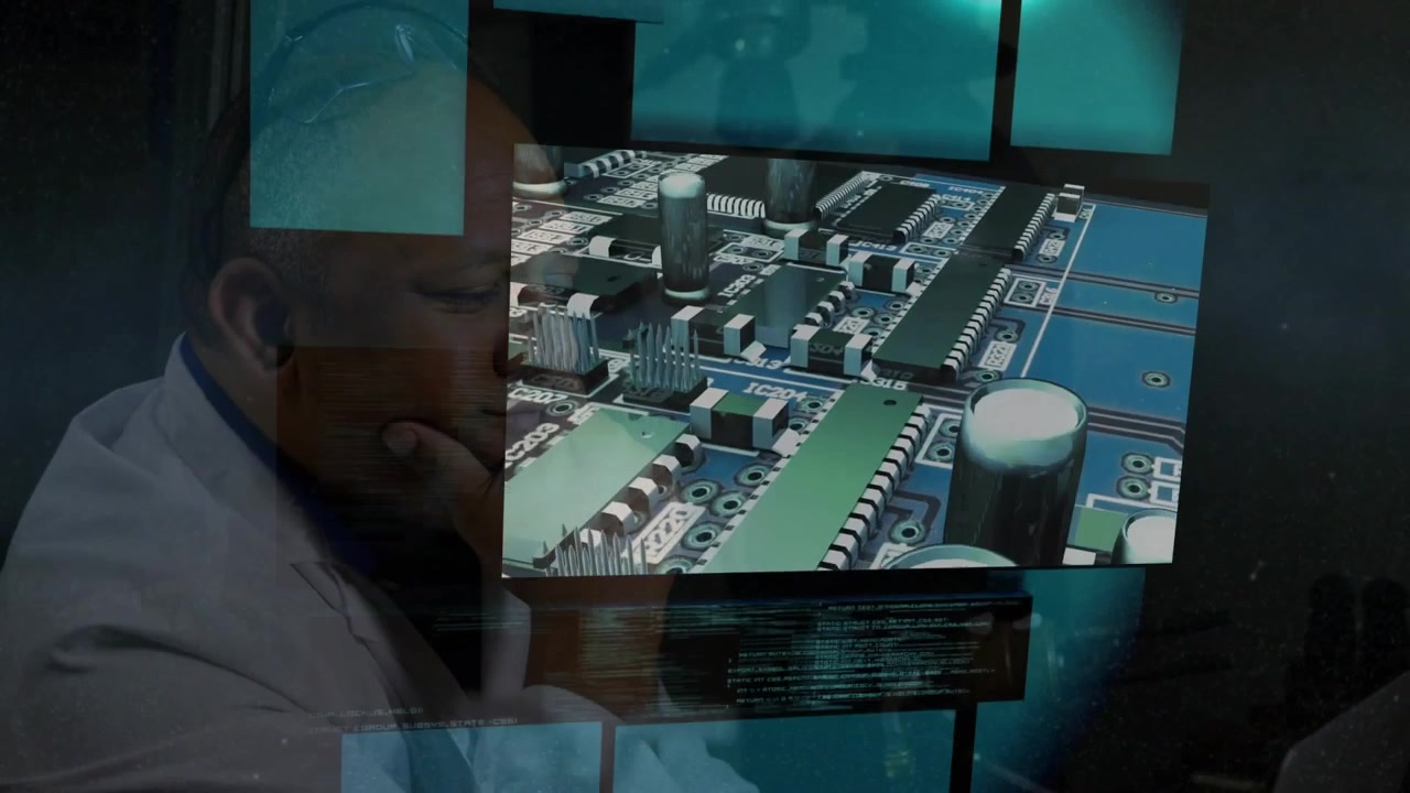 Mature lab technician studying floating holograms, hand gestures activating PCB view for analysis