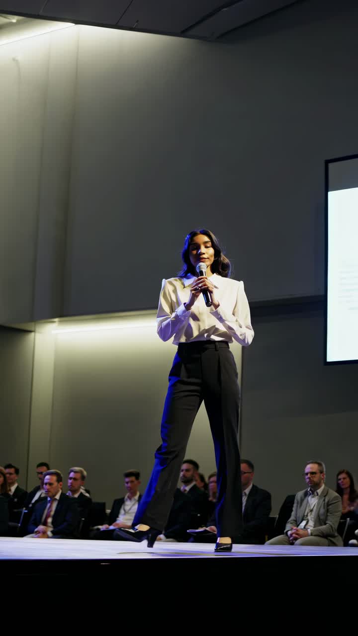 A speaker on stage in a corporate setting, captured from a low angle