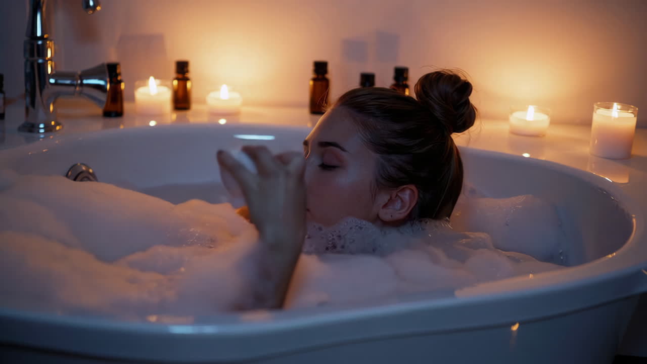 Woman enjoying a relaxing bubble bath at night