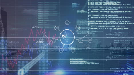 animation of data processing and globe with connections over cityscape