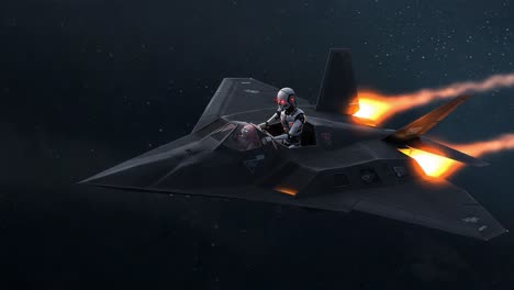 futuristic pilot maneuvers stealth jet: a journey through the cosmos in a high-tech black aircraft, featuring advanced technology and thrilling speed
