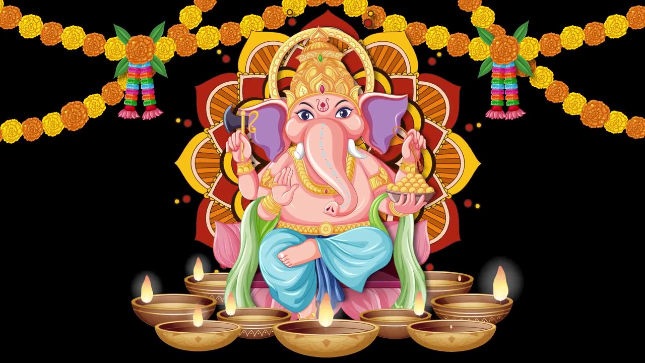 Animação estilo desenho animado de Ganesha aparecendo com lamparinas a óleo tremeluzentes em um fundo preto