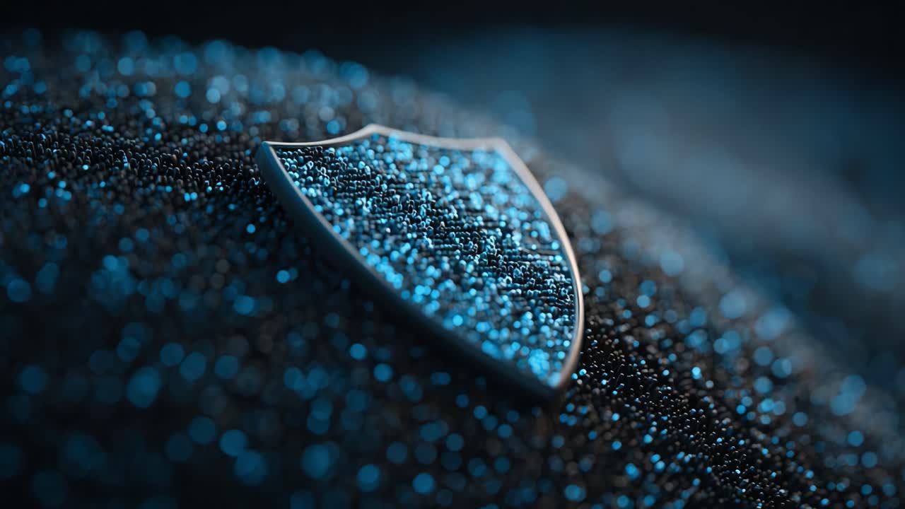A Glimmering Shield Surrounded by Dynamic Particles: A Stunning Close-Up of Security Emblematic Imagery in a Digital Age