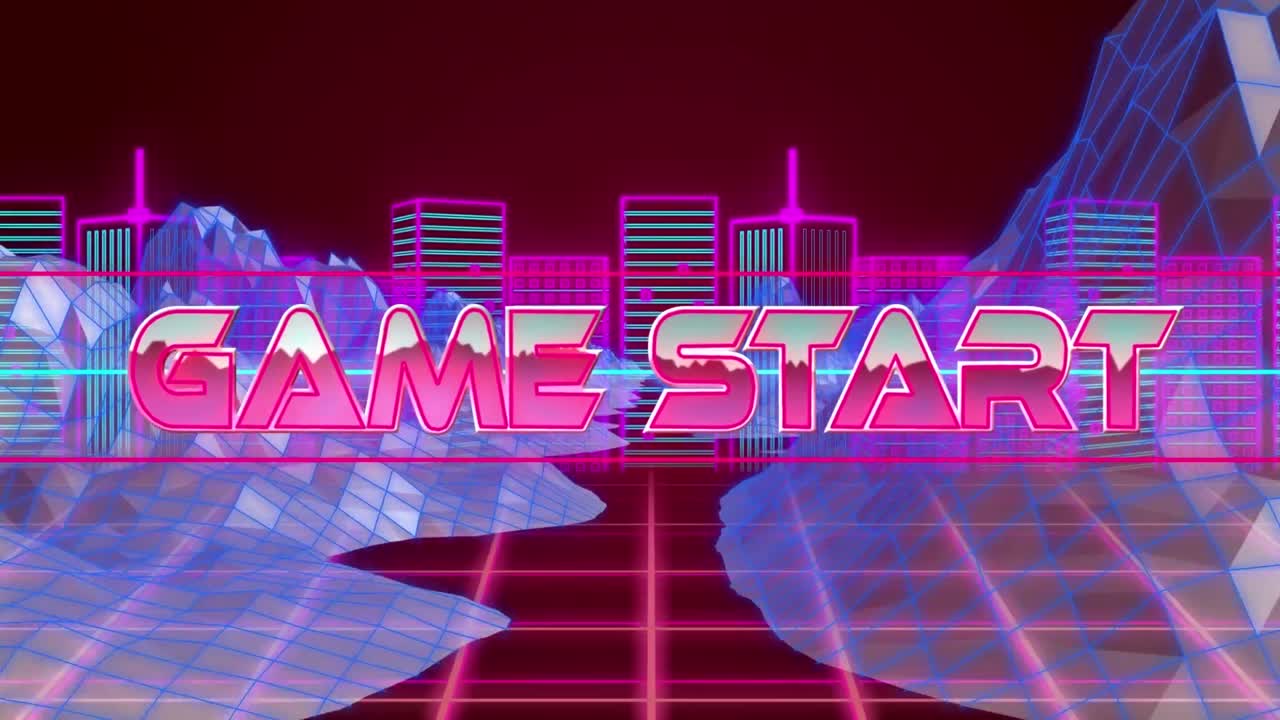 3d 산 구조와  ⁇ 은 배경의 네온 도시 풍경에 대한 네온 배너 위의 게임 시작 텍스트