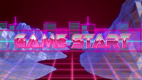 Spielstarttext-über-Neonbanner-Vor-3D-Bergstrukturen-Und-Neonfarbenem-Stadtbild-Auf-Rotem-Hintergrund