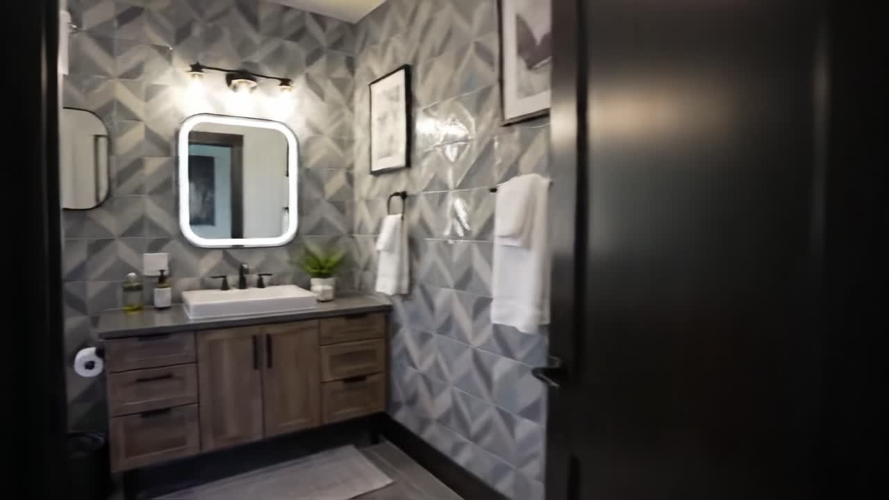 Stylish Modern Bathroom Design Featuring Geometric Patterns, Elegant Fixtures, and Natural Light for a Serene Oasis Experience