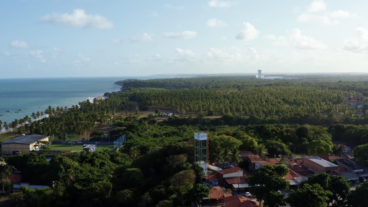 dolly en toma aérea de drones de la impresionante costa tropical de paraiba, brasil cerca de la capital de la playa de joao pessoa cerca de una zona residencial con un denso follaje exótico y palmeras debajo