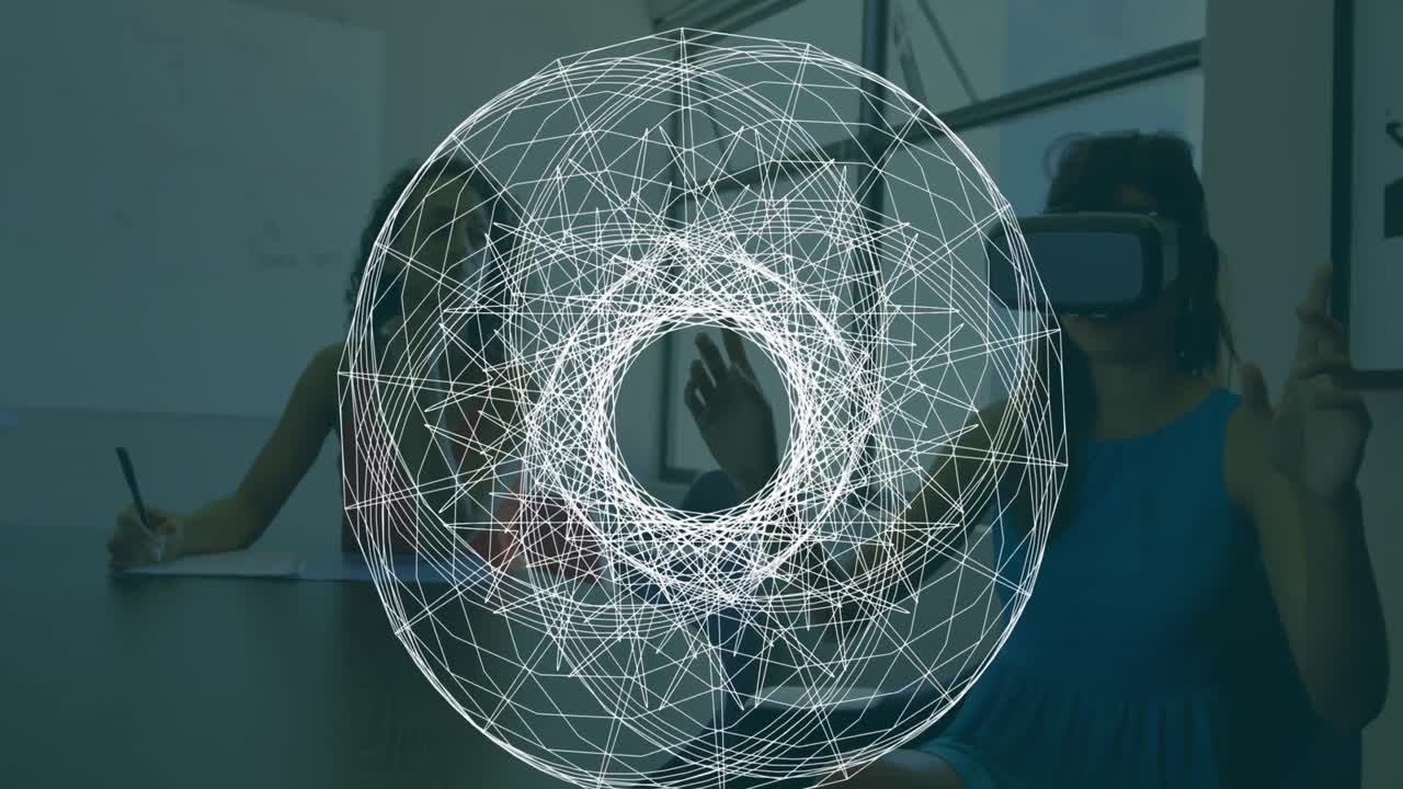 animación de geometría giratoria, más de dos colegas femeninas, una con auriculares vr