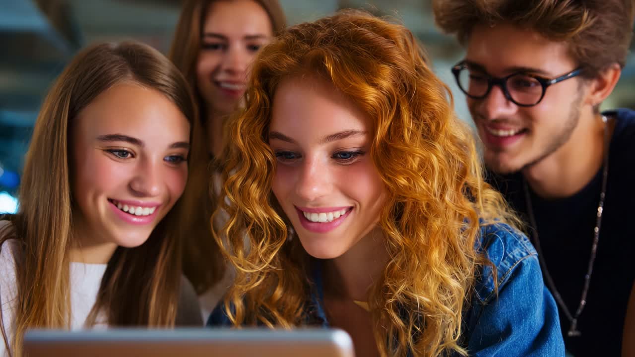 A group of friends engaging with a laptop, showcasing excitement and joy as they share an interesting moment together, exemplifying camaraderie and connection through shared experiences