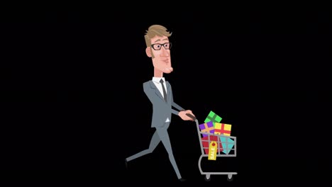 cartoon elegant businessman character running and pushing shopping cart animation with alpha channel