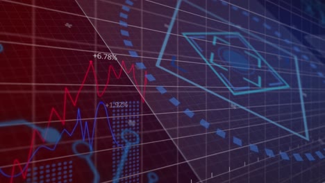 Animation-of-geometric-shapes-with-circuit-board-pattern-and-graphs-with-changing-numbers