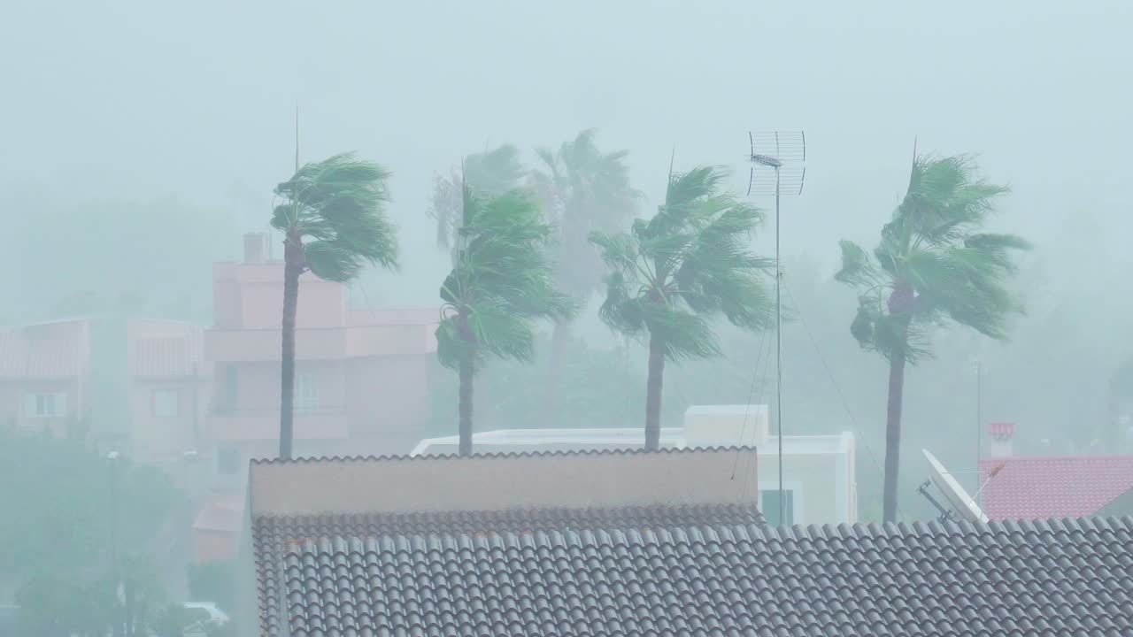 스페인의 마요르카 섬의 알쿠디아 시의 강력한 폭풍의 정적 풍경, 배경에는 나무가 있습니다.