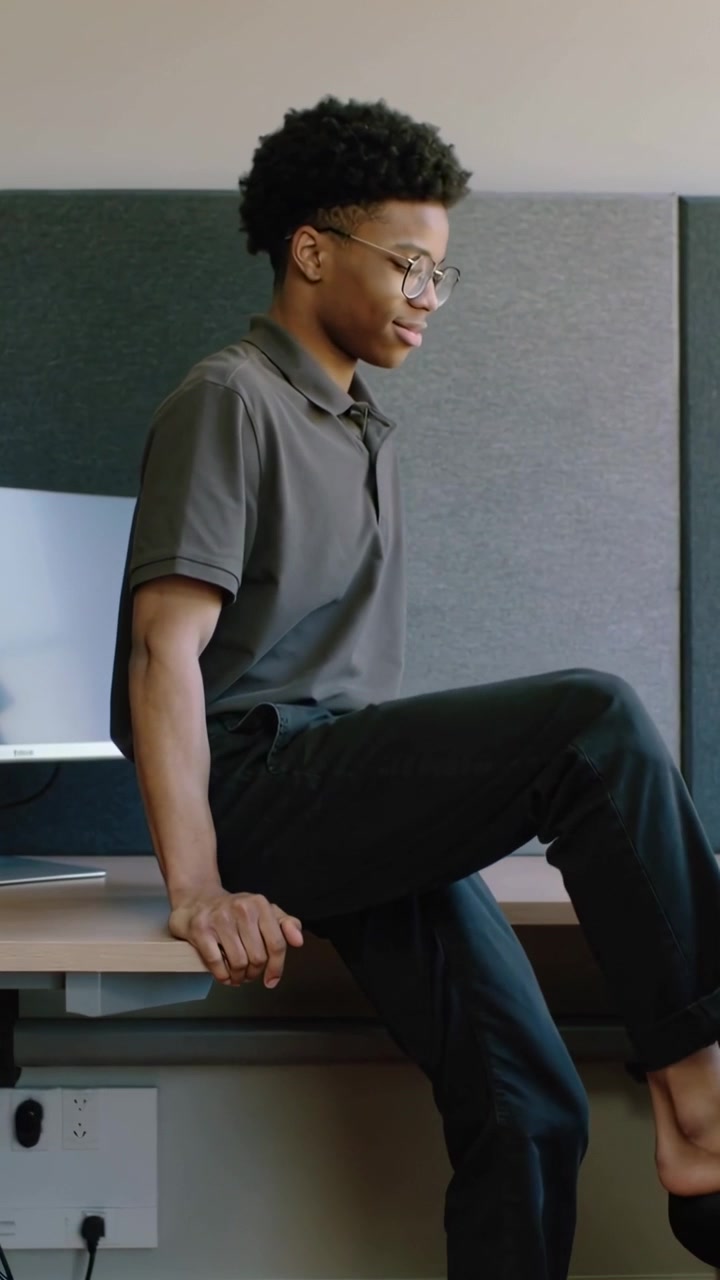 Vertical video: Holding edge at desk, teen with specs and polo shifting legs to steady