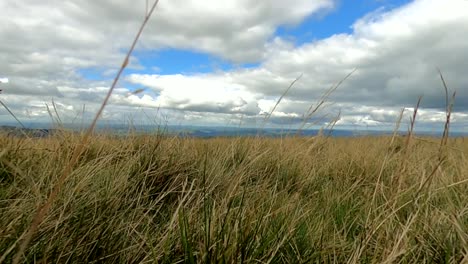 Schöne-Wolken-In-Der-Landschaft-Von-Brecon-Beacon-Durch-Gras,-Das-Im-Wind-Weht