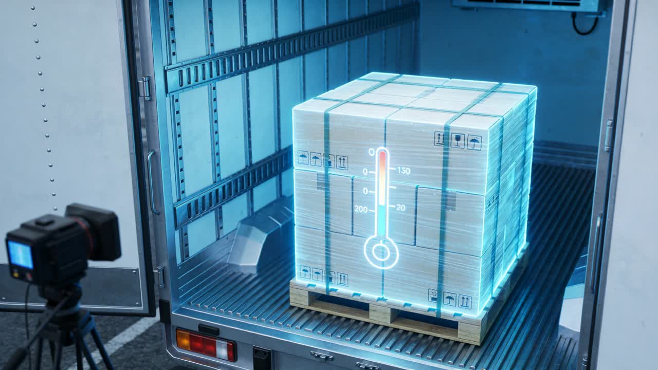 Registrerer temperaturstigning, stativkamera optager palle inde i en kold lastbil, termometerhologram stiger.