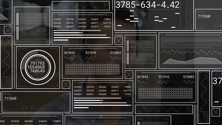 Office worker monitoring HUD with updating tiles revealing face, speaking into mic and taking call