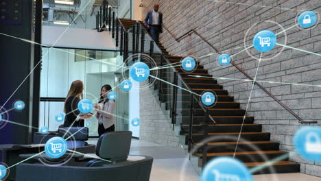 network of digital icons against african american businessman climbing down the stairs at office