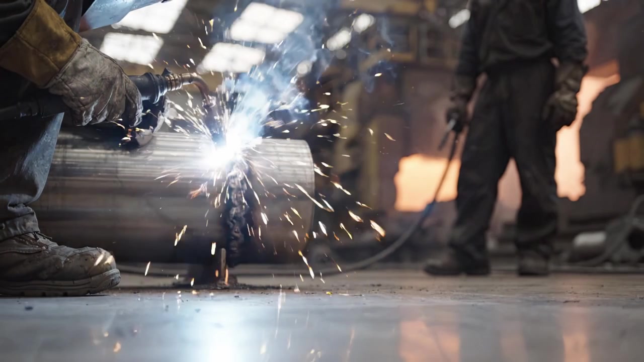Industrial Welding Scene Featuring Sparks and Metal Work in a Workshop: Two Frames Show the Intensity of Fabrication and the Precision Required in Metalworking Processes