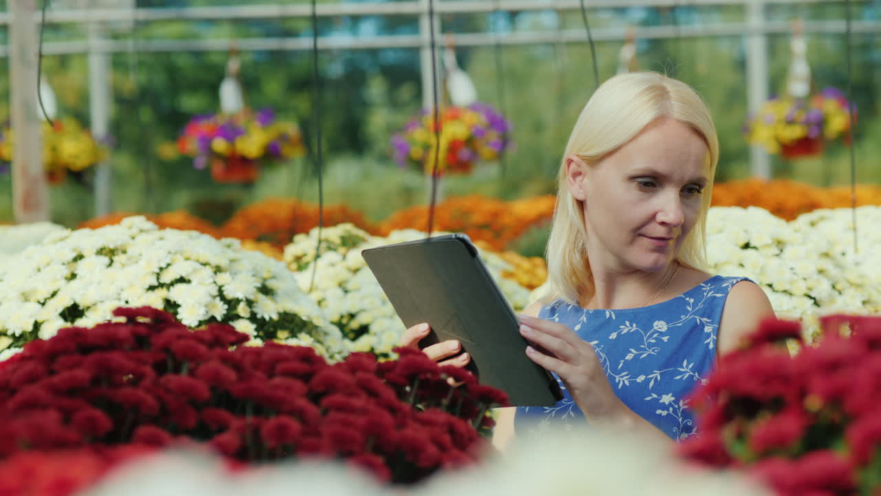 mujer usando tableta en vivero de plantas