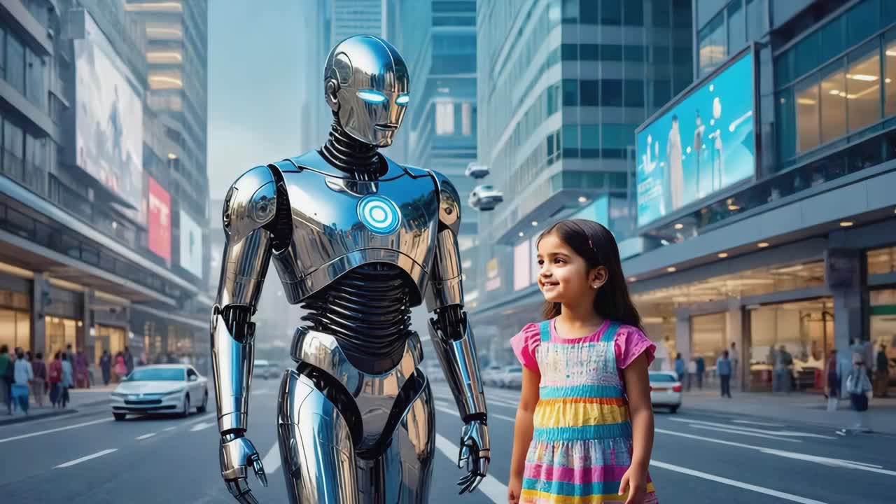A robot and a child in a futuristic city