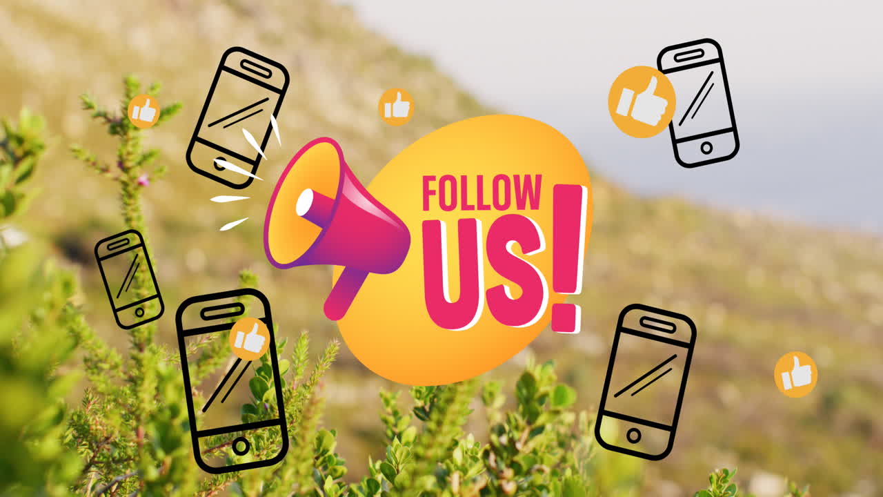 animación de iconos de las redes sociales y la orilla con paisaje marino