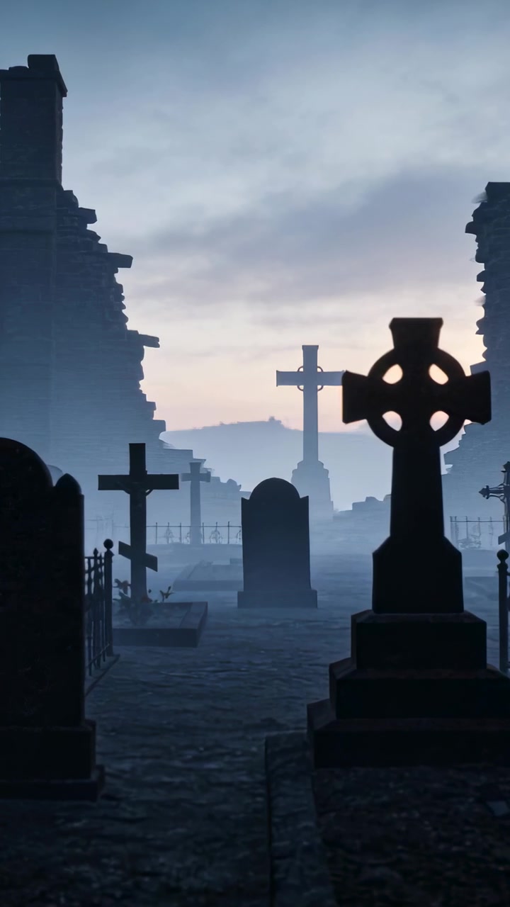 Video verticale: Telecamera che zooma rivelando un cimitero nebbioso all'alba, con una croce celtica che si staglia e la nebbia che si dirada.