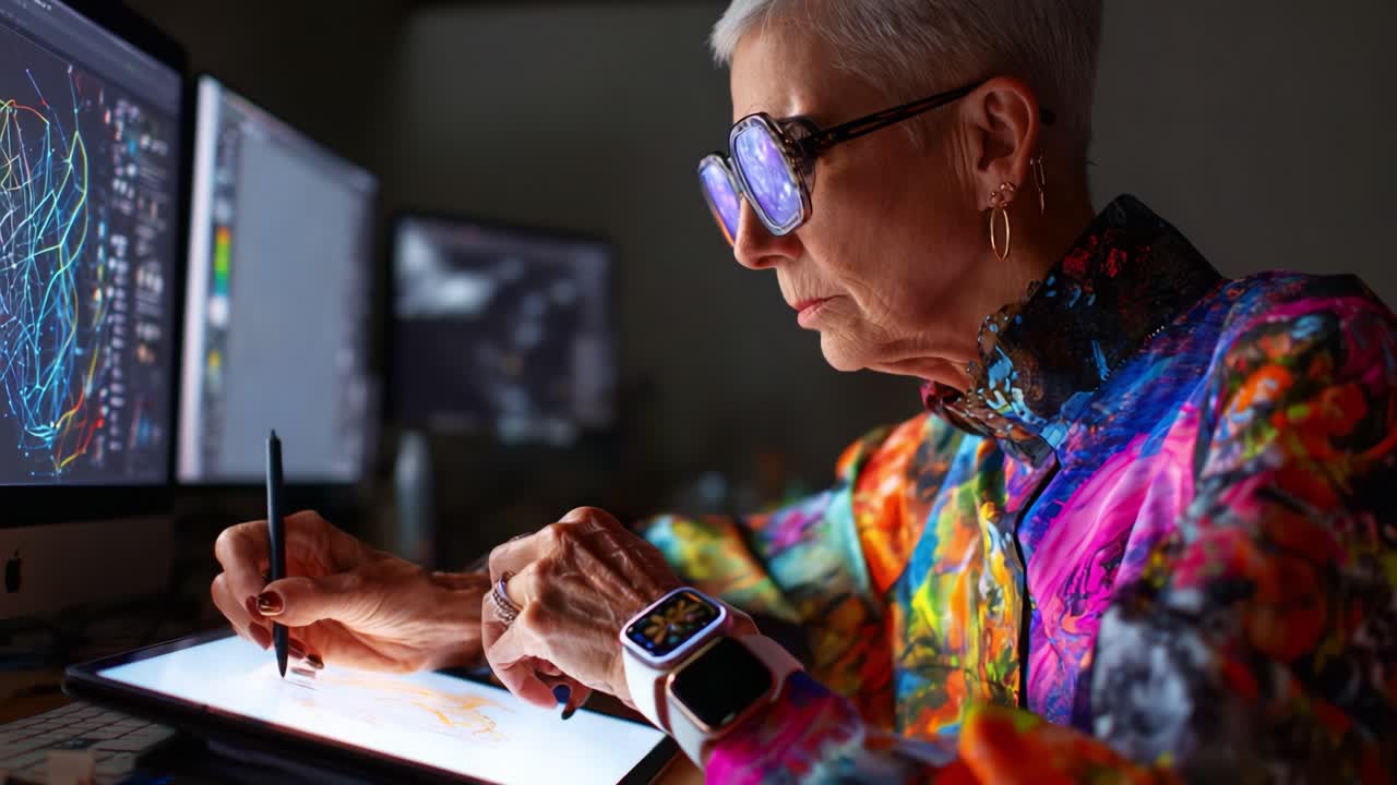 An engaged creative individual contributing to digital art through drawing on a tablet while utilizing advanced technology in a vibrant workspace filled with screens and tools