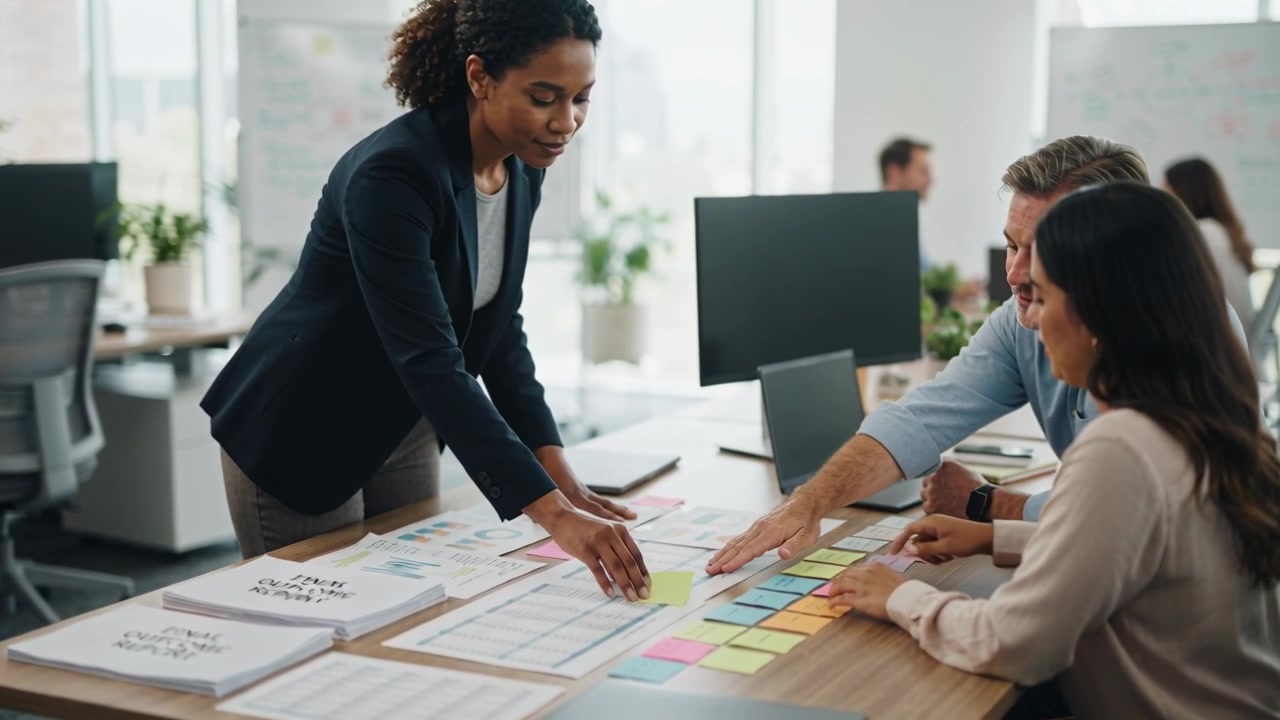 Approaching Black woman in navy blazer leading planning, placing green sticker on sticky notes