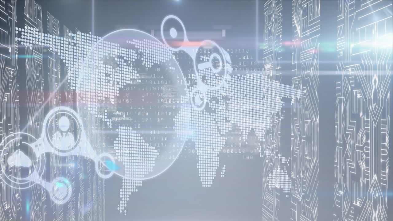 세계 지도와 파란색 배경의 화면 위에 지구와 데이터 처리의 애니메이션