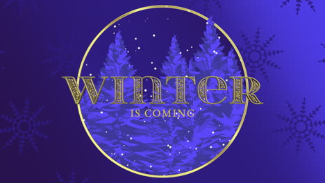 winter is coming with fall snow and forest in night on snowflakes pattern