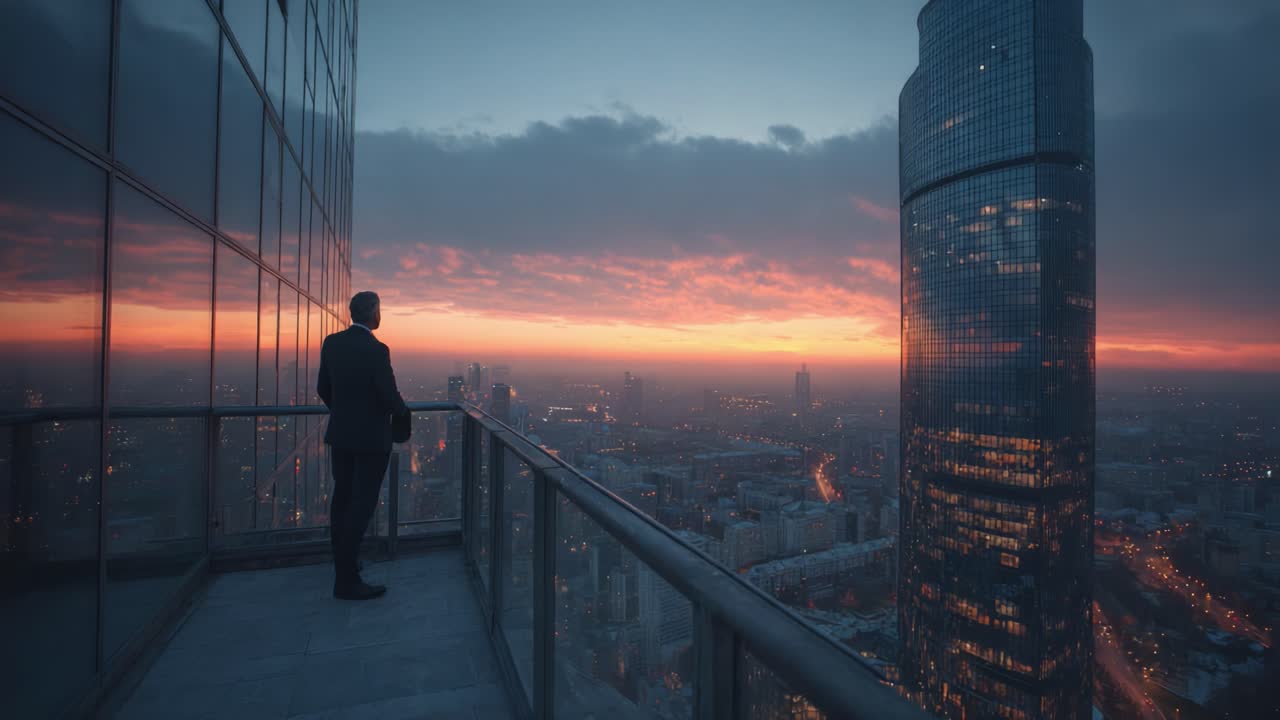 A Thoughtful Businessman Enjoys a Majestic Sunset Over a Bustling Cityscape from a High-Rise Balcony, Capturing the Essence of Urban Serenity and Reflective Contemplation
