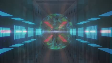 Animation-of-globe-and-lights-moving-in-digital-space