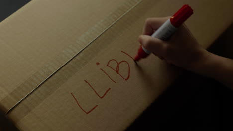 Spanish-handwriting-Llibres-in-red-marker-pen-on-cardboard-box-moving-home-packing