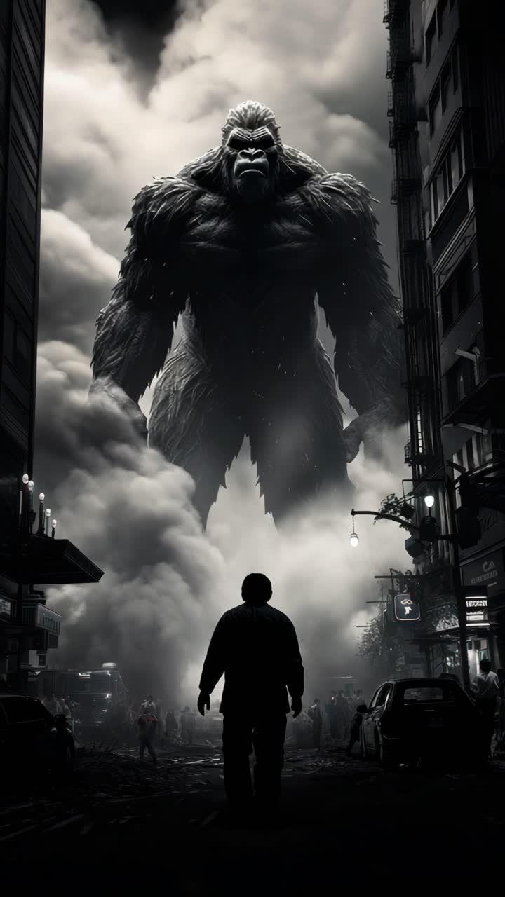 Dramatic low-angle shot of a giant creature in a cityscape, with a lone figure in the foreground