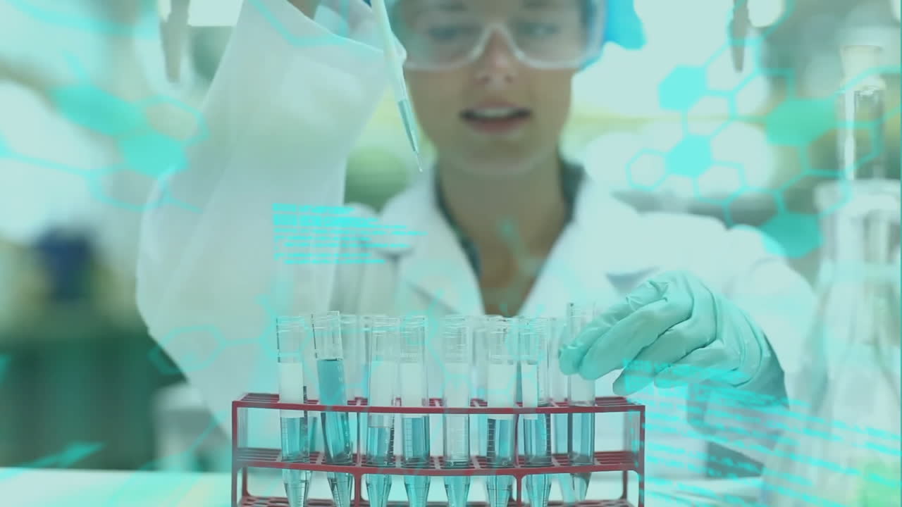 Animation of data processing and chemical formula over biracial female scientist working in lab