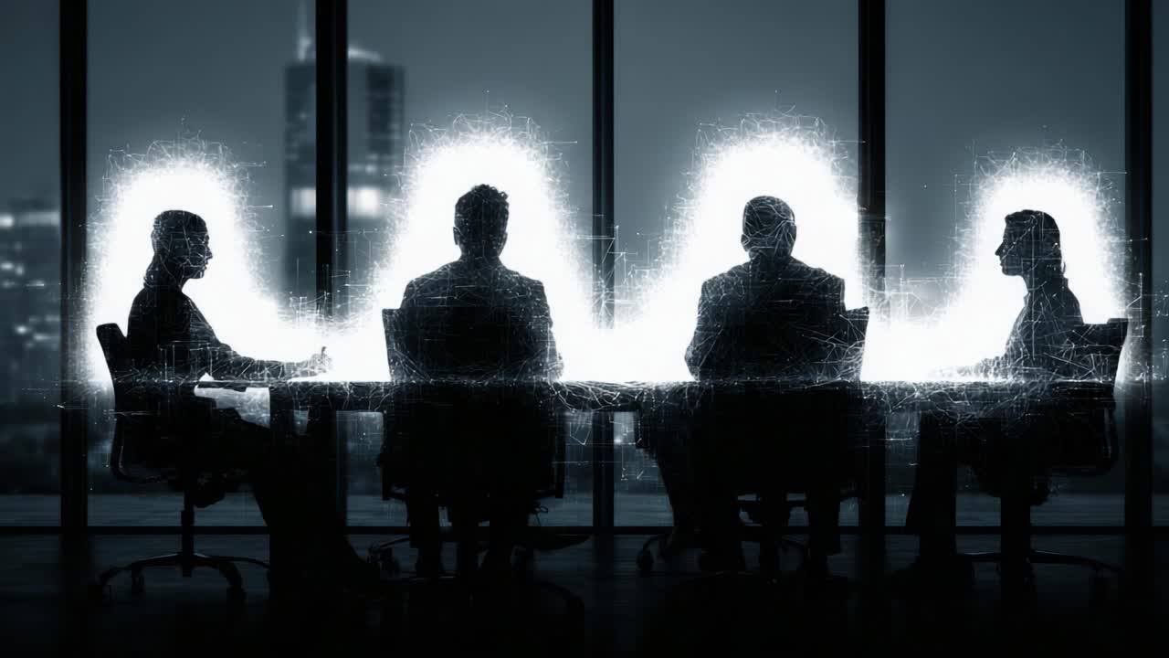 Et futuristisk forretningsmøde: Silhuetter af fagfolk engageret i en højteknologisk diskussion med digitale visuals, der repræsenterer innovation og samarbejde