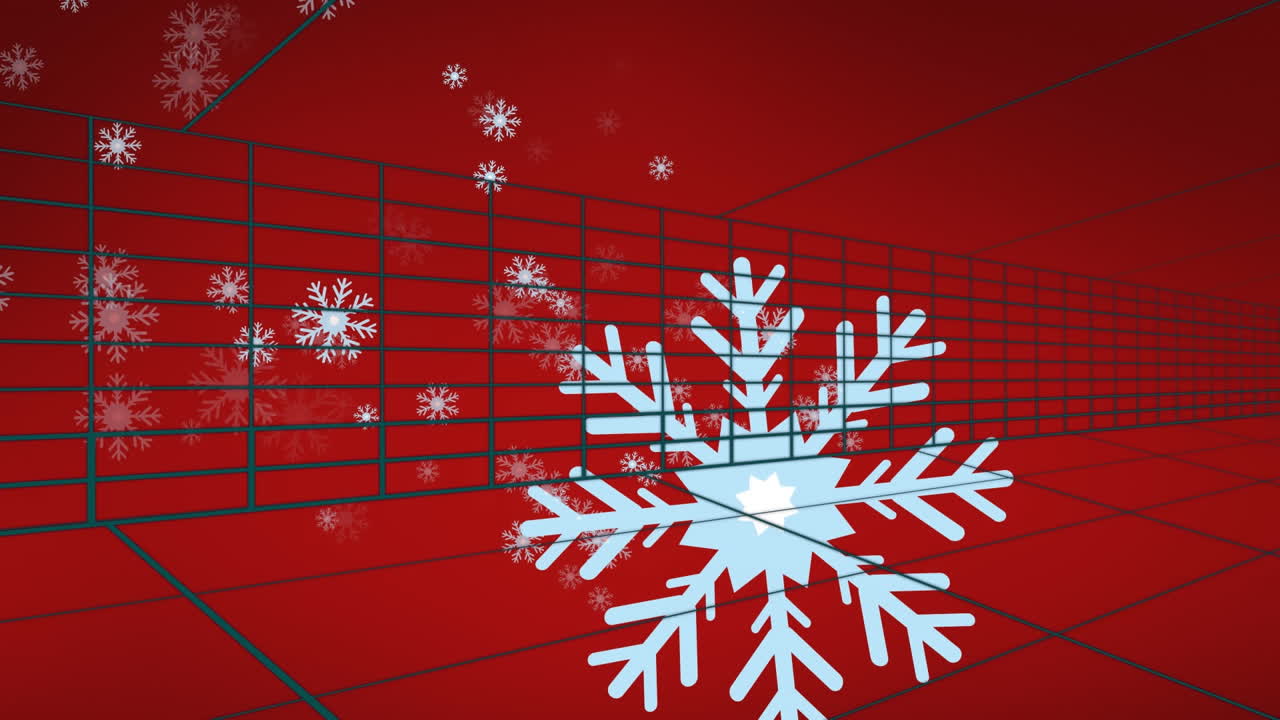 animación de iconos de copos de nieve que caen sobre el túnel en un patrón sin costuras contra un fondo rojo.