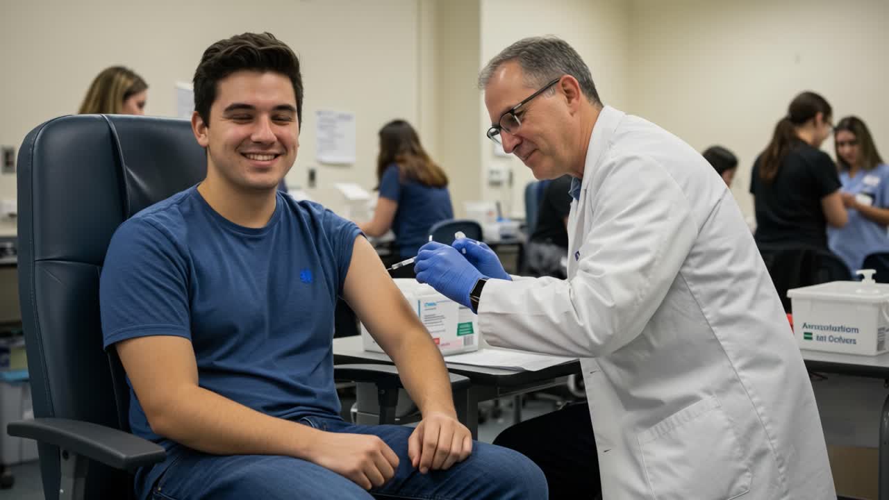 A Healthcare Professional Administering a Vaccine to a Patient in a Clinical Setting, Featuring Close-Up Interaction and Positive Attitude During the Immunization Process