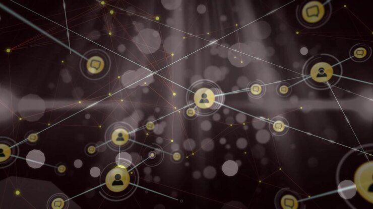Animation of network of connections over falling spots over dark background