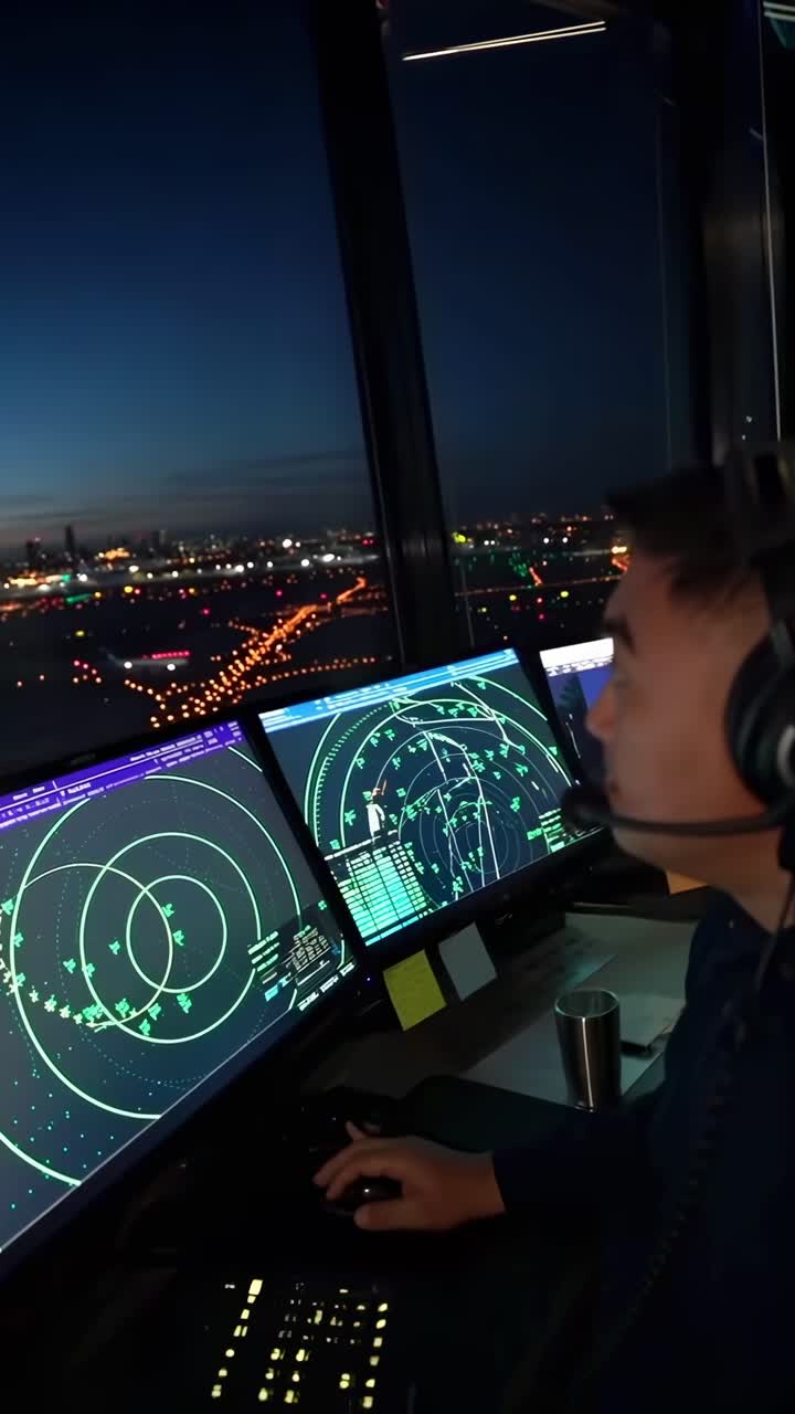 Aerial view of air traffic control room at night, focusing on radar screens