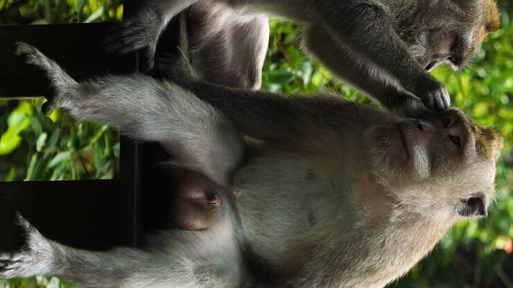 Vertical static shot of two macaque monkeys sitting in the Sacred Monkey Forest Sanctuary on bali indonesia while one of them is delousing from the other in slow motion