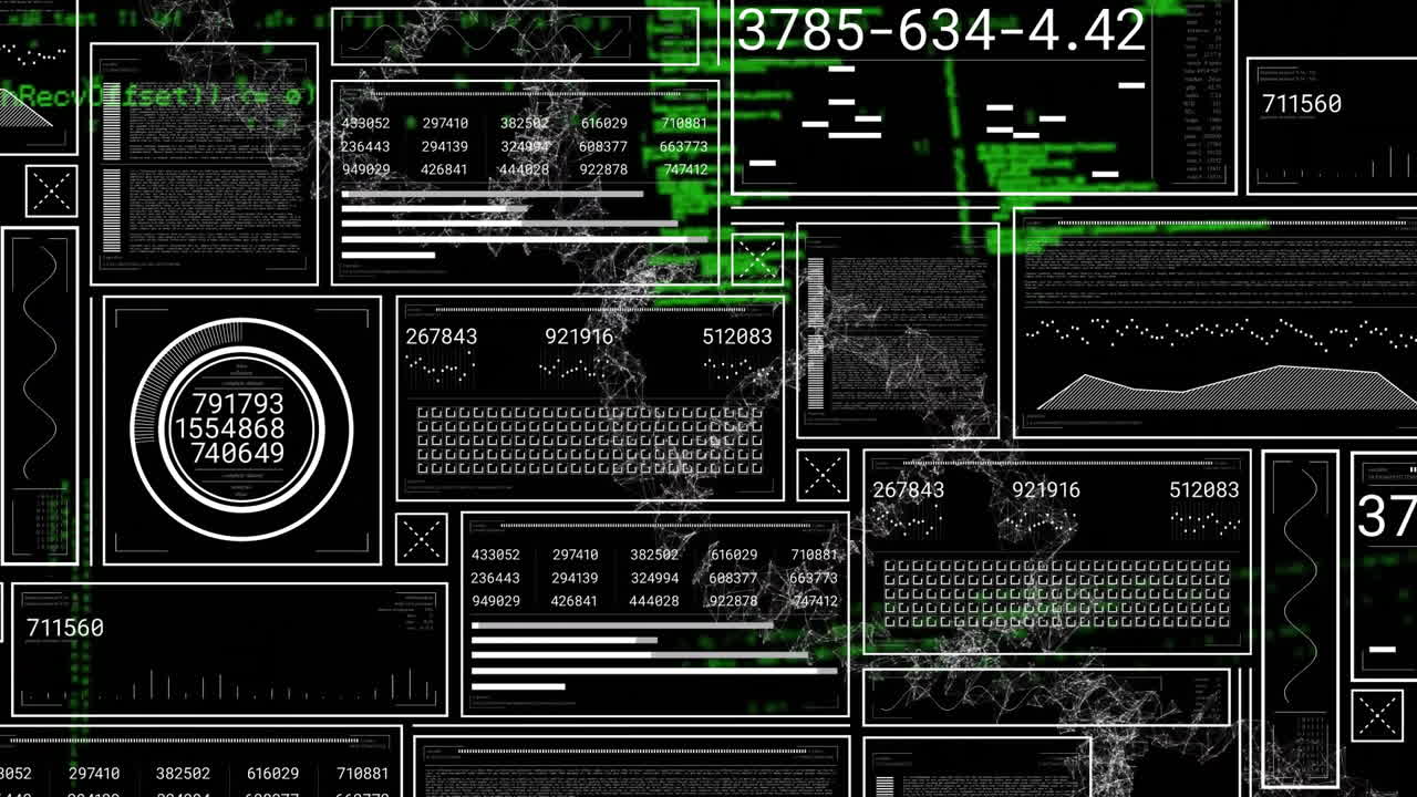 Animation of interface screens processing data over dna strand on black background