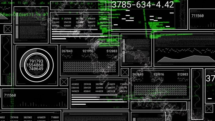 Animation of interface screens processing data over dna strand on black background