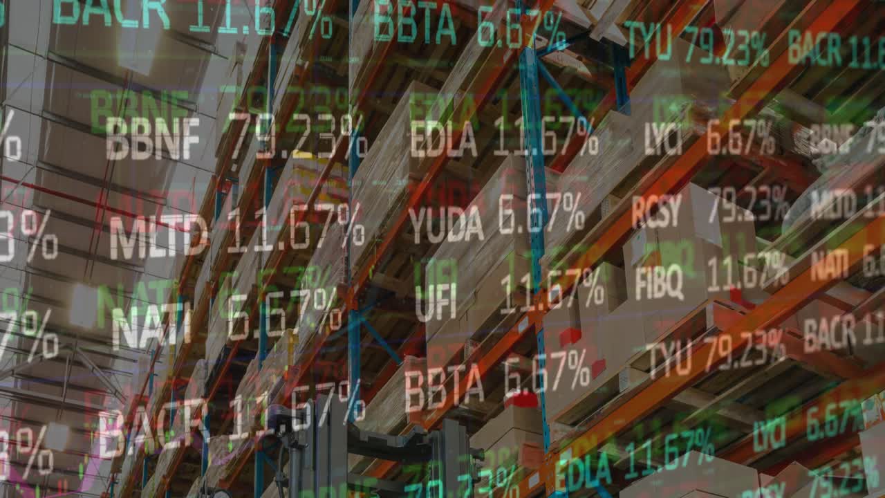 Animation von Finanzdatenverarbeitung und Börse über einer leeren Lagerhalle