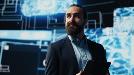 tech savvy administrator reviewing ai brain programming on a tablet