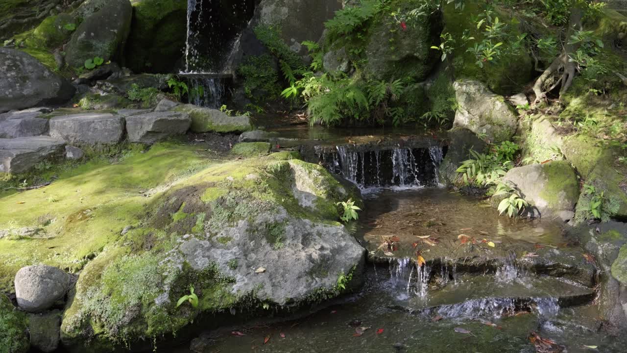 Low angle view of Japanese waterfall with moss-covered stones