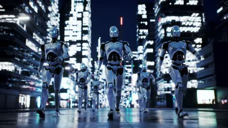 futuristic robots marching through a neon cityscape at night, showcasing advanced technology and a vision of tomorrow's urban life