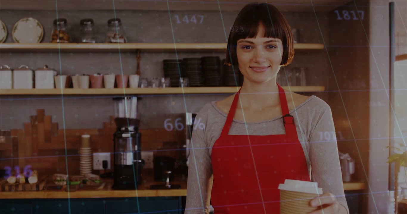 Barista caminhando pelo balcão do café oferecendo copo de papel enquanto dados animados sobem promovendo venda